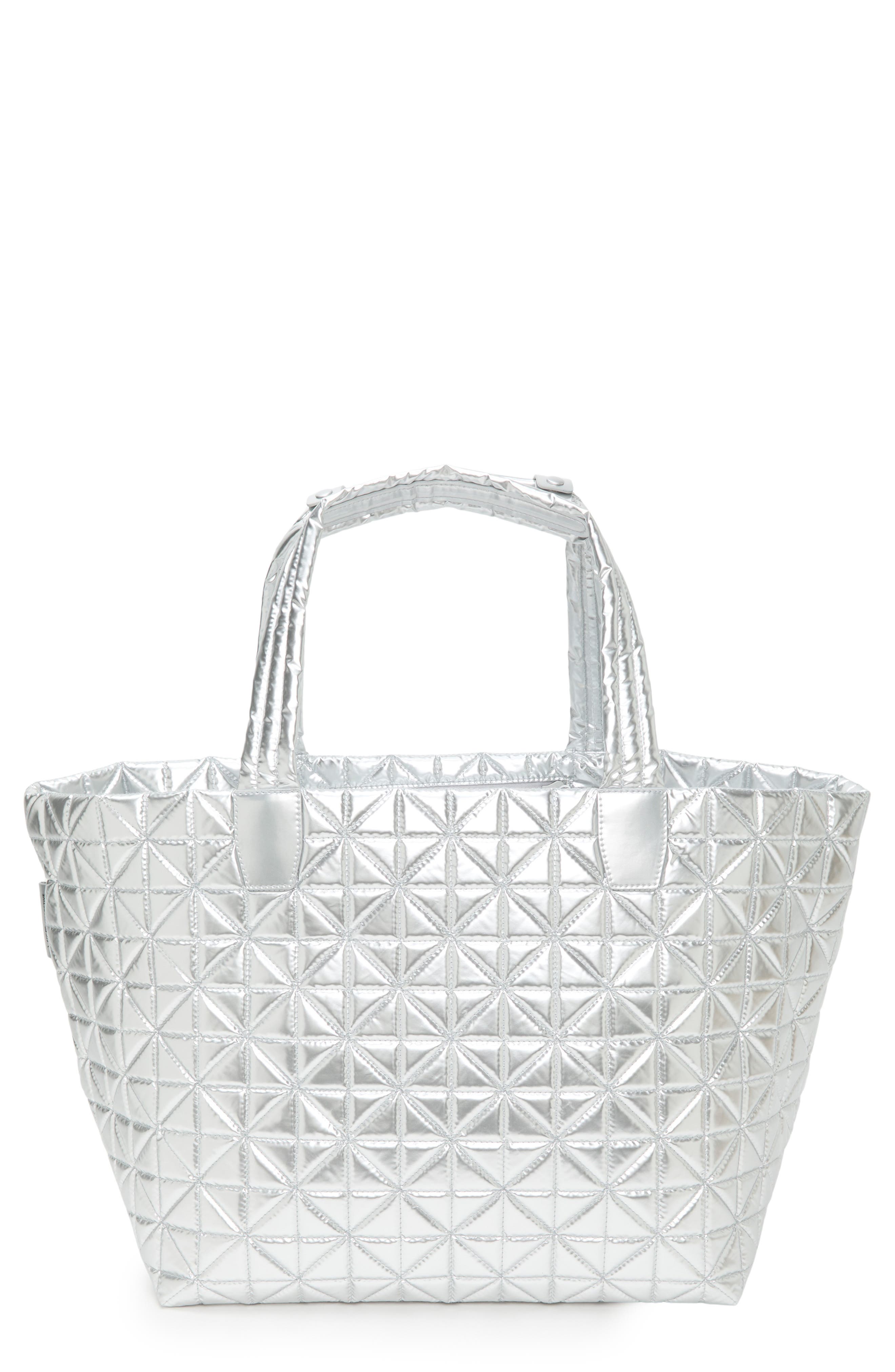 VeeCollective Vee Weekender Water Resistant Quilted Recycled Nylon Tote, Main, color, Chrome Metallic Chromm