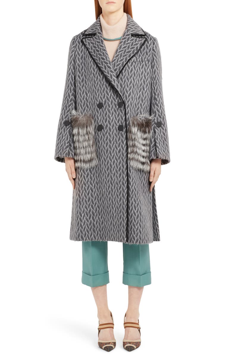Fendi Double Breasted Wool & Alpaca Blend Coat with Genuine Fox Fur Pockets, Alternate, color,