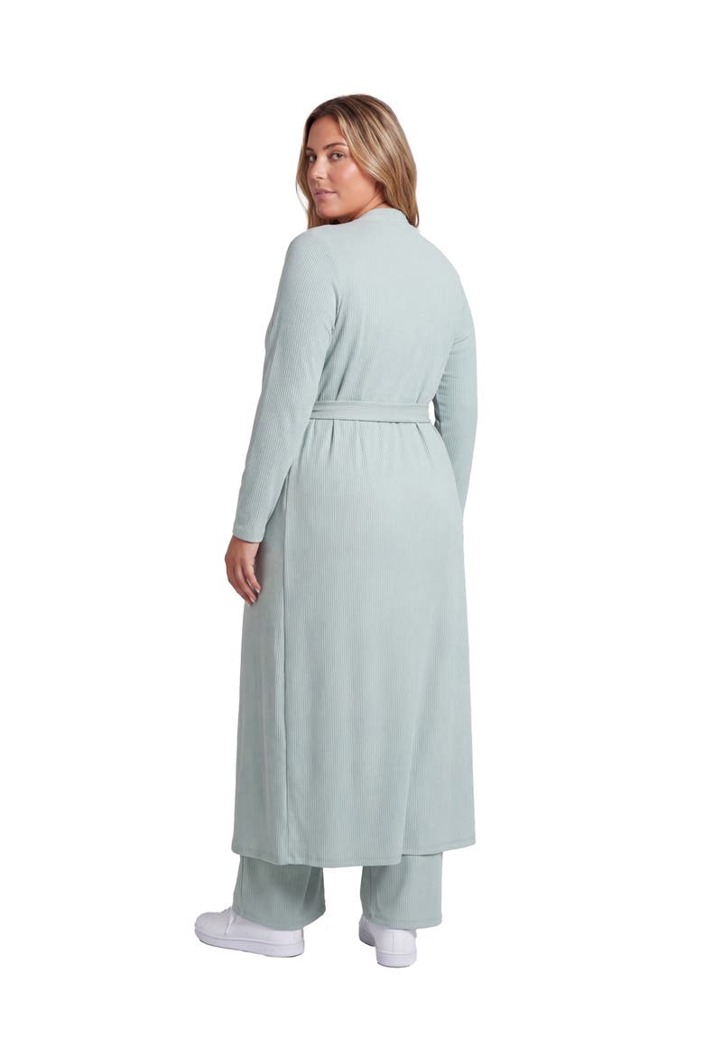 Curvy Basic Long Sleeve Tie Waist Soft Jacket and Elastic Waist Wide Leg Pant Set, Alternate, color, Mint