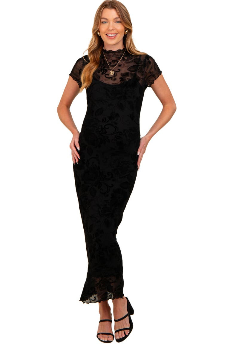 PinkBlush Floral Mesh Overlay Fitted Maxi Dress, Alternate, color, Black
