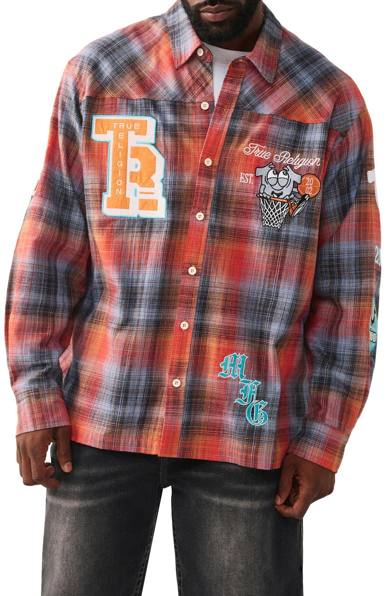 True Religion Patch Appliqué Cotton Flannel Button-Up Shirt, Main, color, Orange / Blue Plaid