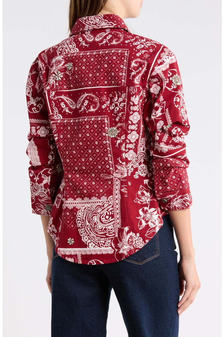 Bandana Print Twill Scrunch Sleeve Shirt Jacket, Alternate, color, BORDEAUX