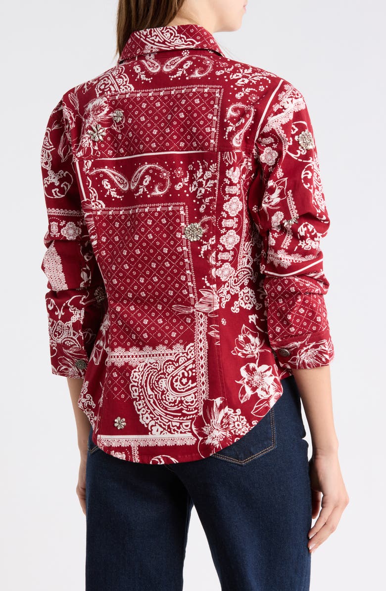 Cinq à Sept Bandana Print Twill Scrunch Sleeve Shirt Jacket, Alternate, color, Bordeaux