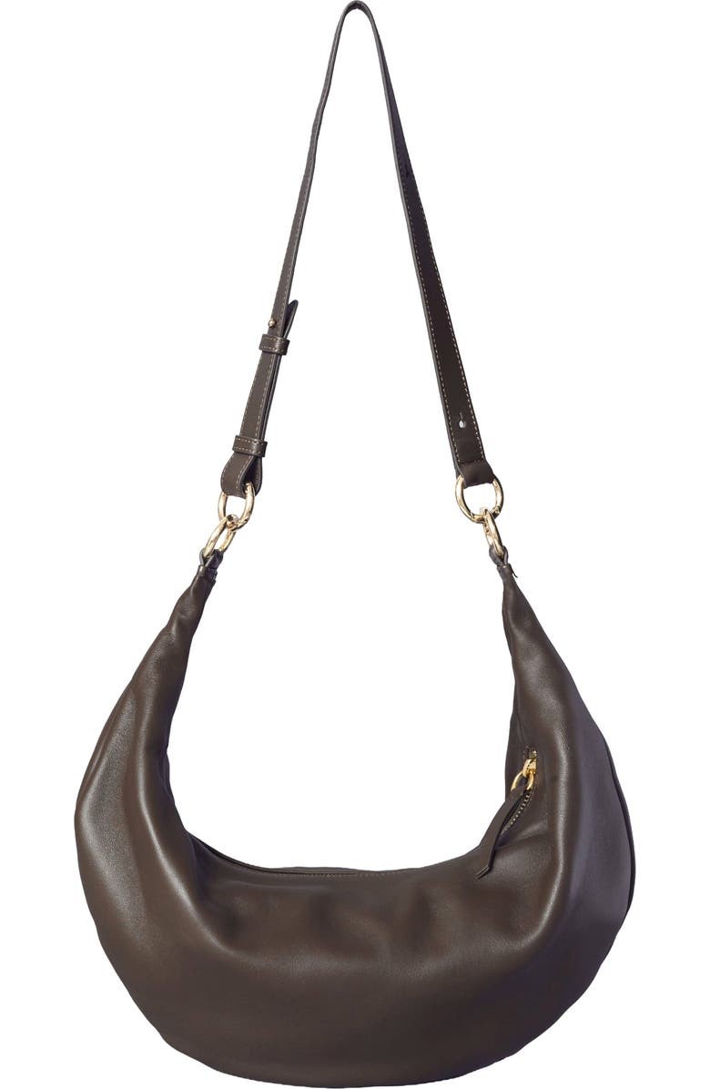 HYER GOODS Leather Convertible Hobo Crescent Ring Bag, Main, color, Chocolate