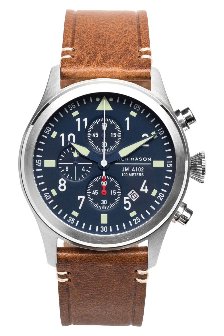 Chronograph Leather Strap Watch, 42mm, Main, color, NAVY/ SILVER/ SADDLE