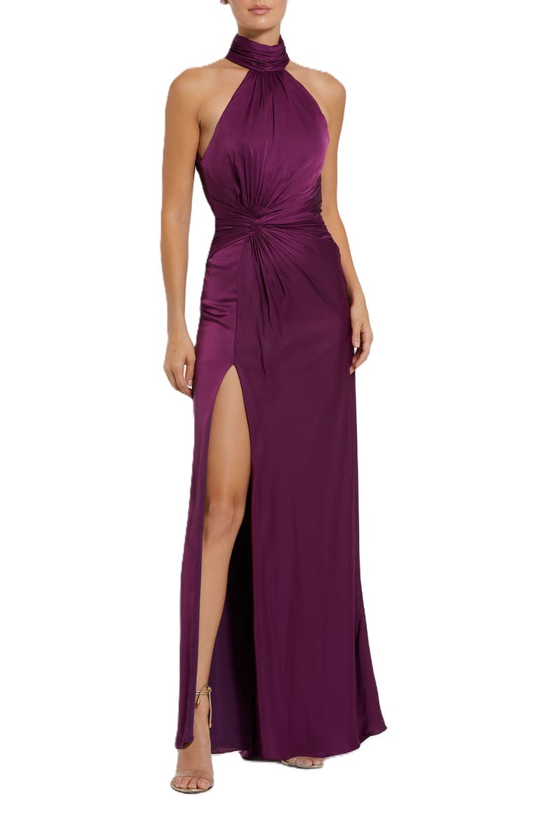 Open Back High Neck Side Ruched Gown, Main, color, Plum
