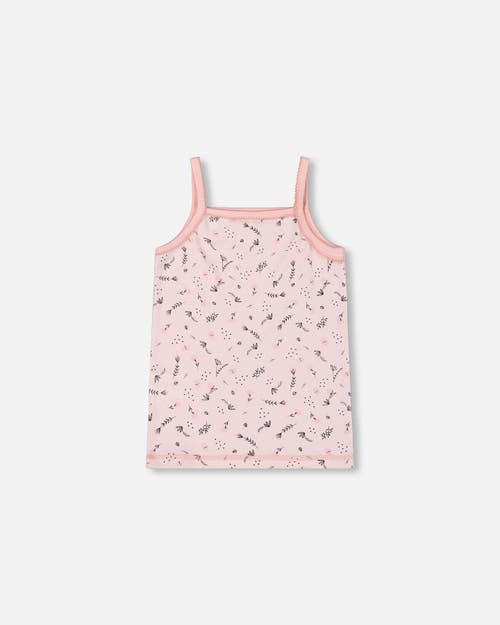 Deux Par Deux Girl's Printed Organic Cotton Tank Top Small Pink Flowers On Pale Pink Background In Pink Flowers On Pale Pink