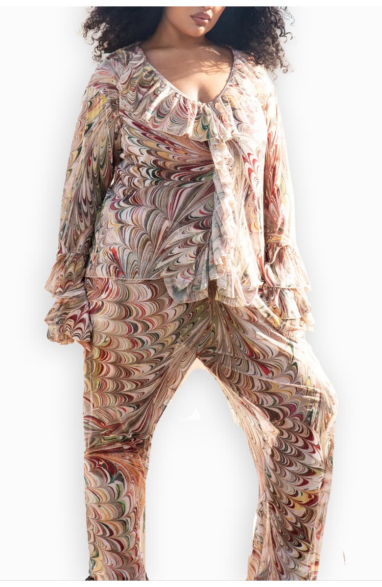 FASHION-SZN CURVE Curve V-Neck Ruffle Printed Resort Top, Alternate, color, Beige