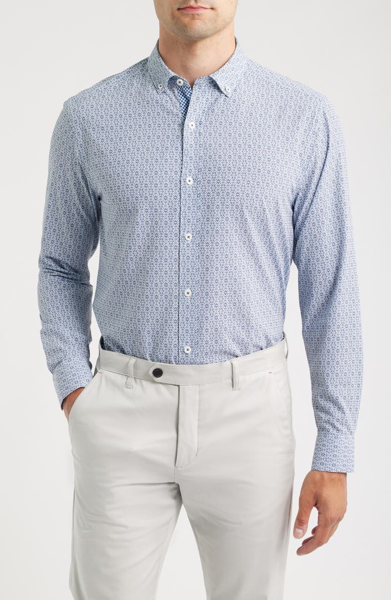 Johnston & Murphy XC+<sup>™</sup> Football Print Performance Button-Down Shirt, Main, color, Navy