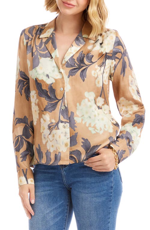 Karen Kane Floral Satin Button-up Shirt In Brown