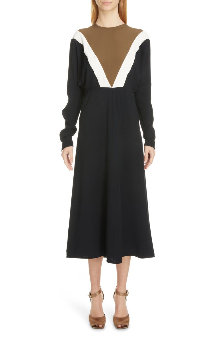 Victoria Beckham Colorblock Long Sleeve Cady Midi Dress, Main, color, 