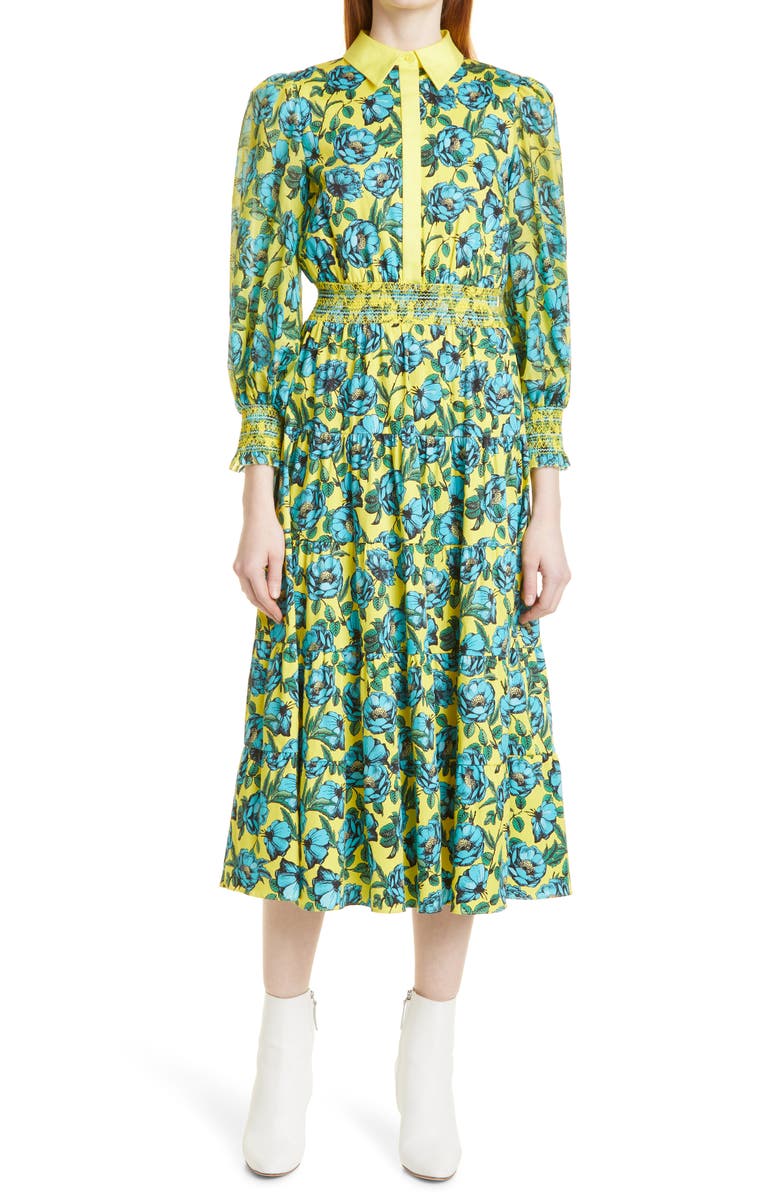 Alice + Olivia Anaya Floral Long Sleeve Stretch Cotton Blend Dress, Main, color,