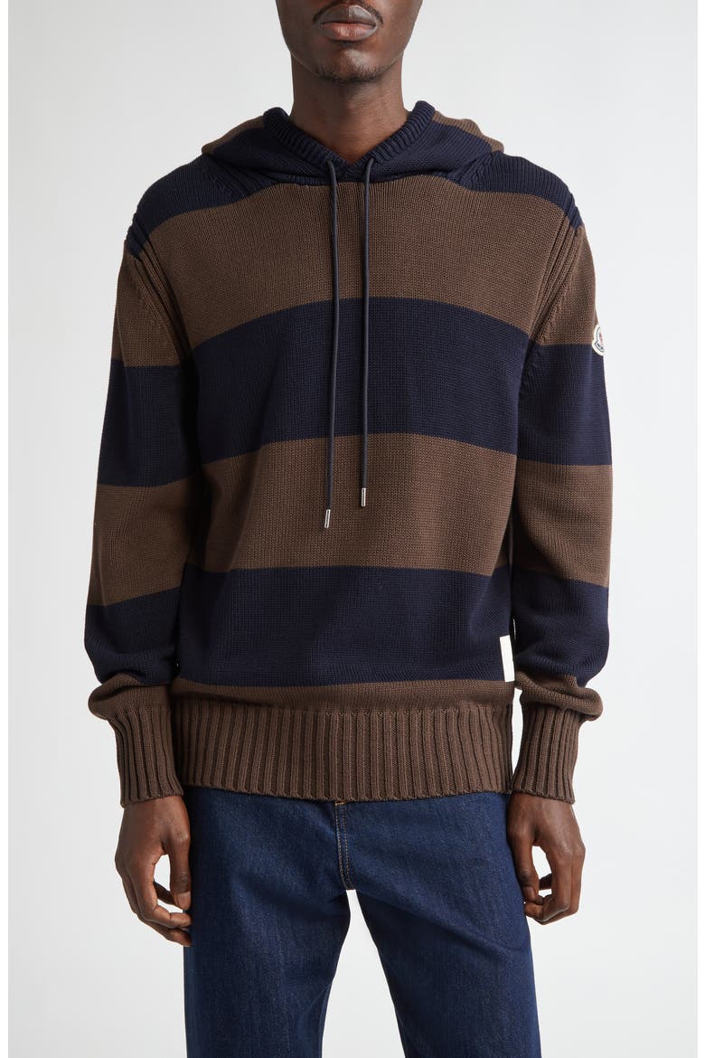 Stripe Logo Knit Cotton Hoodie, Main, color, BLUE/ BROWN