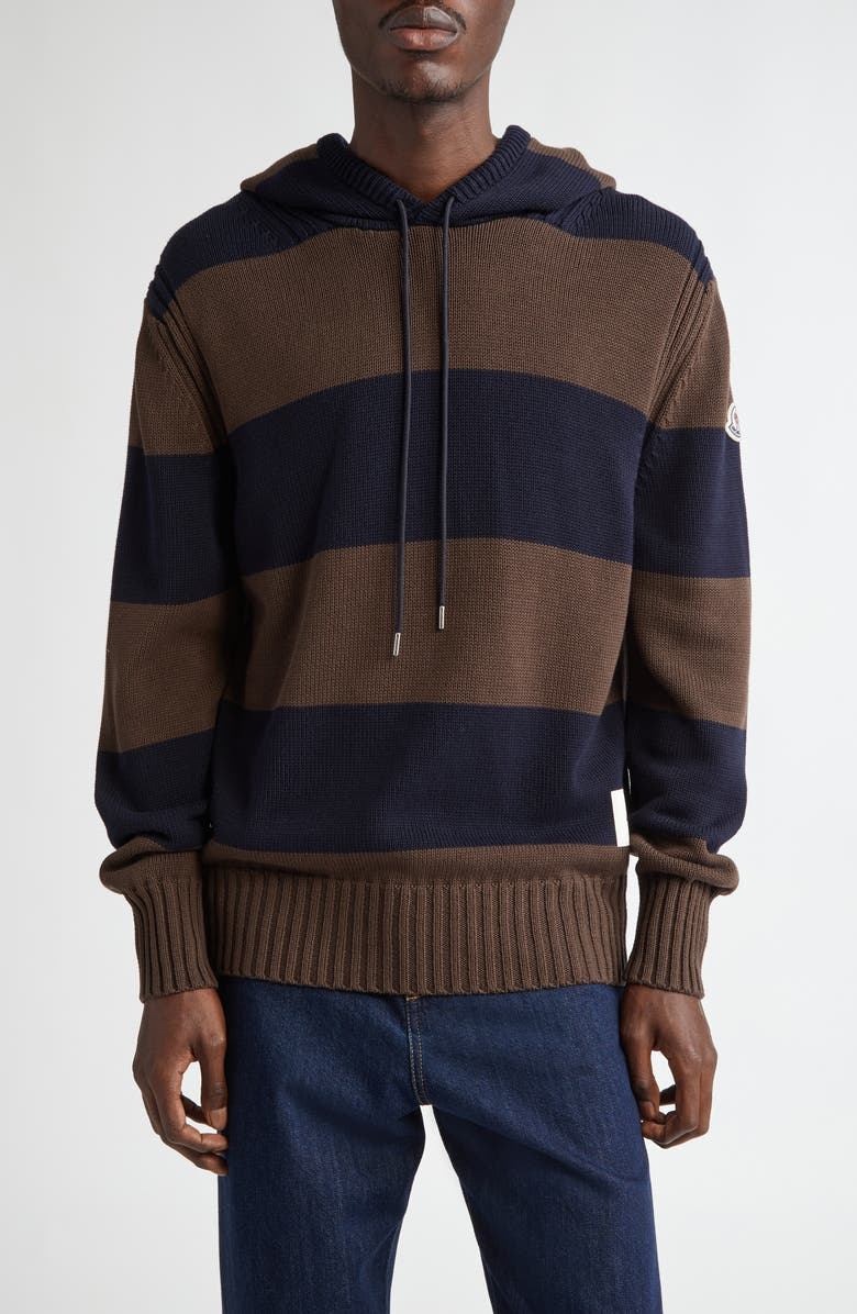 Moncler Stripe Logo Knit Cotton Hoodie, Main, color, 