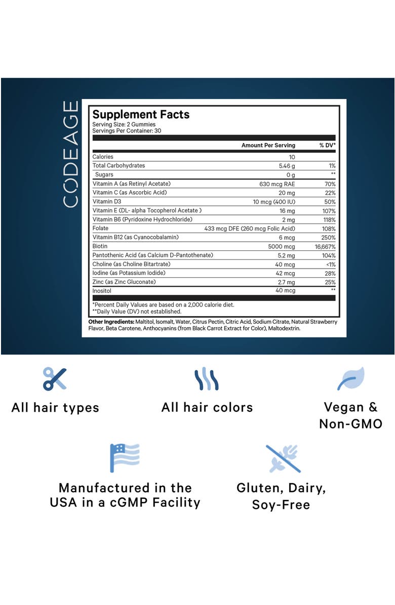 Codeage Hair Gummies Biotin Multivitamins Supplement, Alternate, color, White
