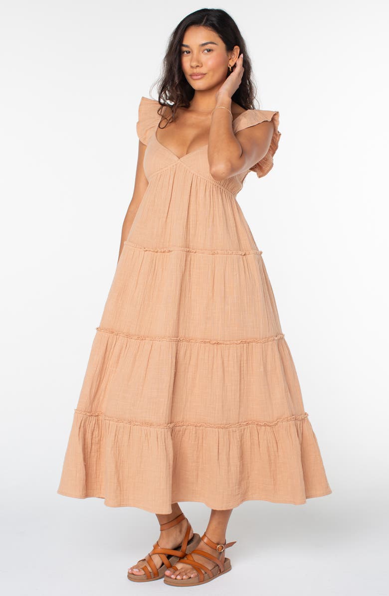 Roxy Palmy Days Tiered Cotton Midi Dress, Alternate, color, Praline Solid Stamp