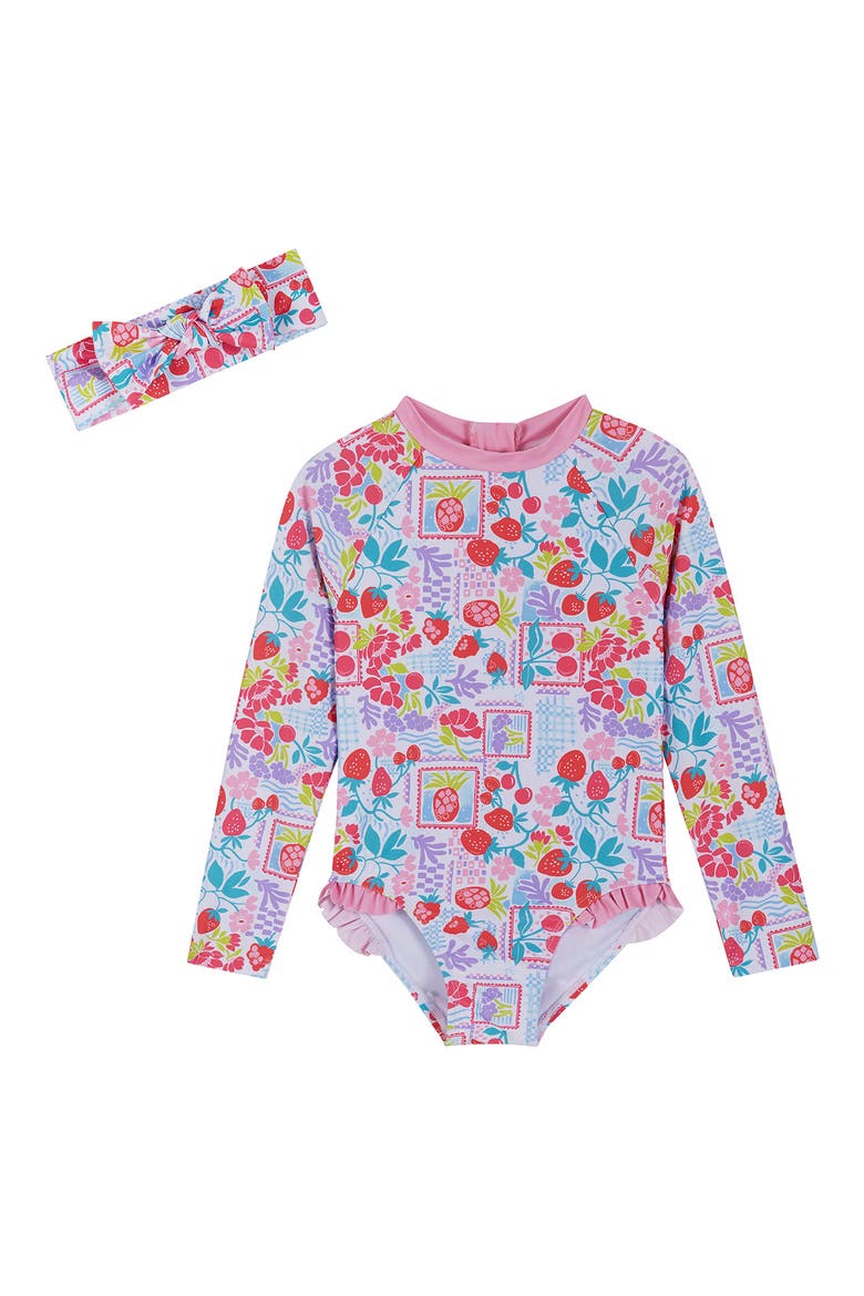 Fruit Print One-Piece Rashguard Swimsuit & Headband Set, Main, color, WHAT FRUIT