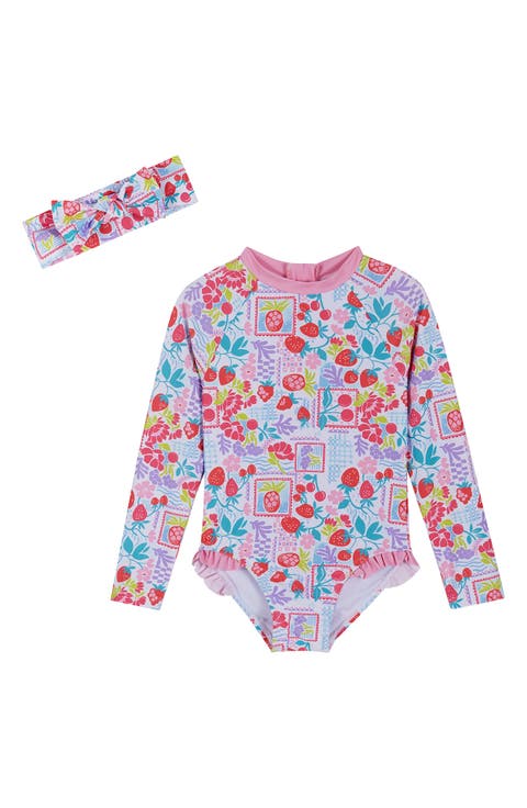 Fruit Print One-Piece Rashguard Swimsuit & Headband Set (Toddler & Little Kid)