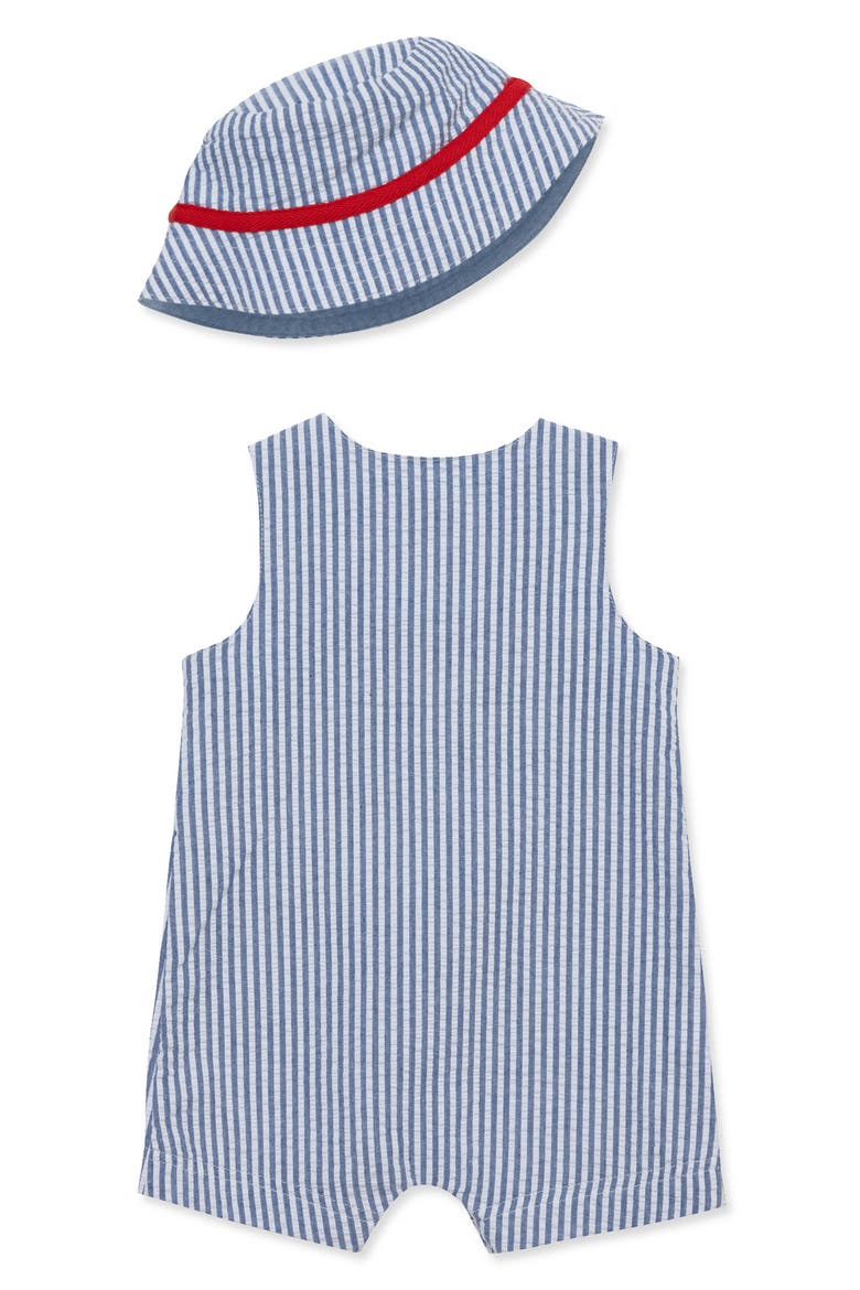 Embroidered Seersucker Cotton Romper & Bucket Hat Set, Alternate, color, BLUE