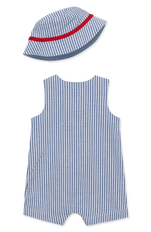 Shop Little Me Embroidered Seersucker Cotton Romper & Bucket Hat Set In Blue