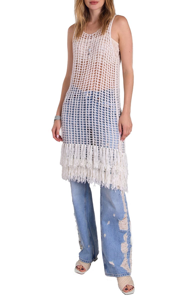 SAACHI Boho Chic Fringe Knit Cover-Up Dress, Main, color, Ivory