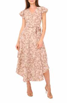 Vince Camuto Abstract Print Flutter Sleeve Midi Dress