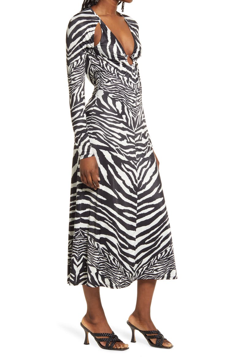 Meena Floral Long Sleeve Plunge Neck Dress, Alternate, color, BLANC ZEBRA
