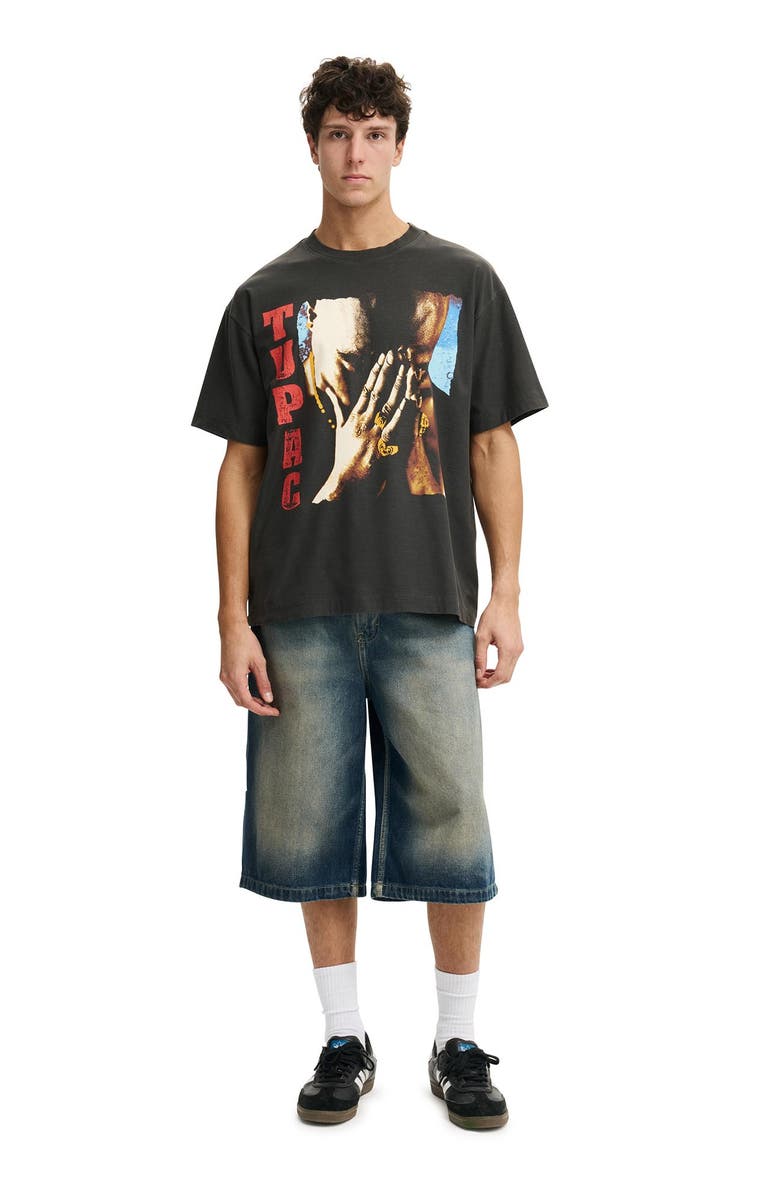Cotton On Men's Box Fit Premium Music T-Shirt, Alternate, color, Faded Slate Tupac -