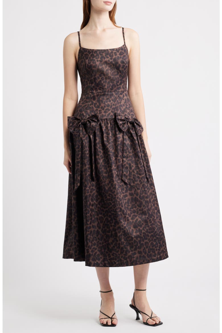 Leopard Bow Front Satin Midi Cocktail Dress, Main, color, LEOPARD