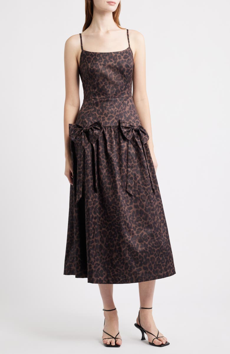 MOON RIVER Leopard Bow Front Satin Midi Cocktail Dress, Main, color, Leopard