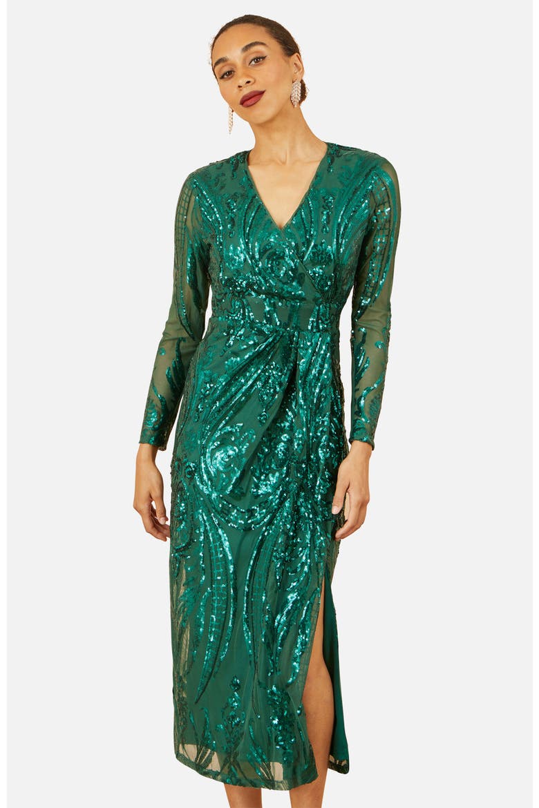 Sequin Midi Long Sleeve Wrap Dress, Alternate, color, Green