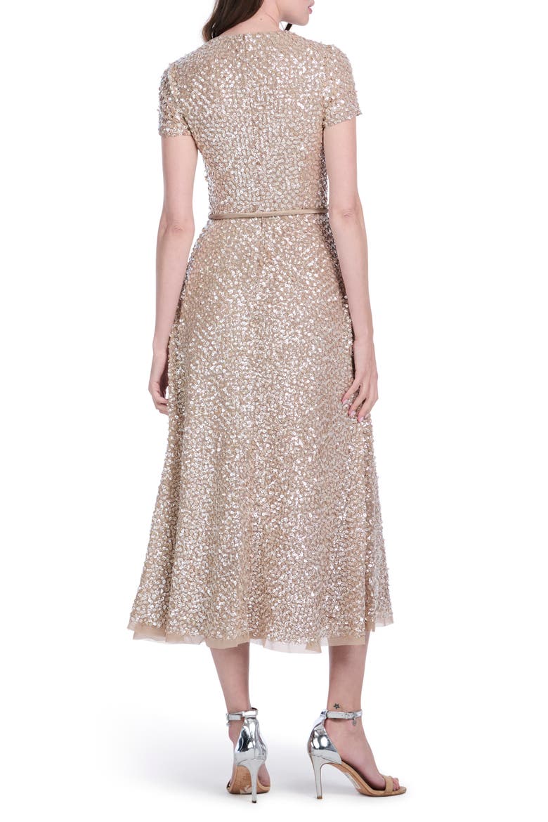 Sequin Encrusted Translucent Tie Waist Cocktail Dress, Alternate, color, SUNTAN