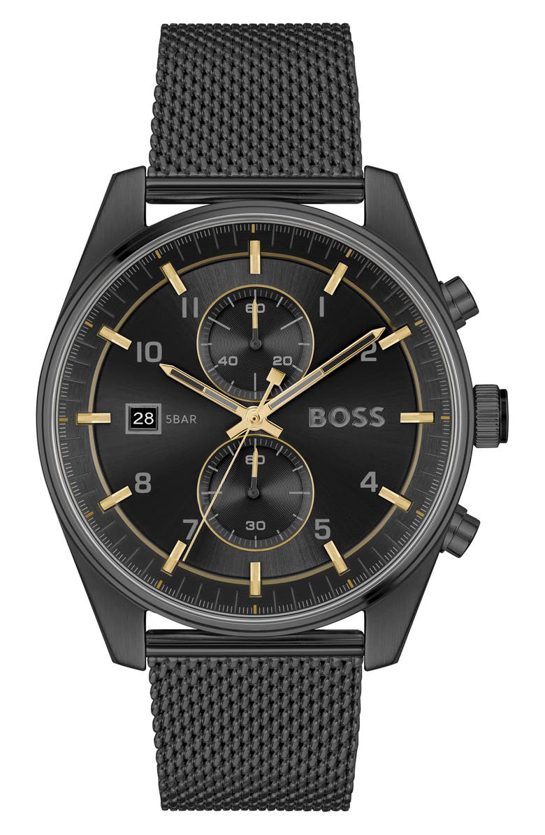 BOSS Skytraveller Chronograph Mesh Strap Watch, 44mm, Main, color, Black