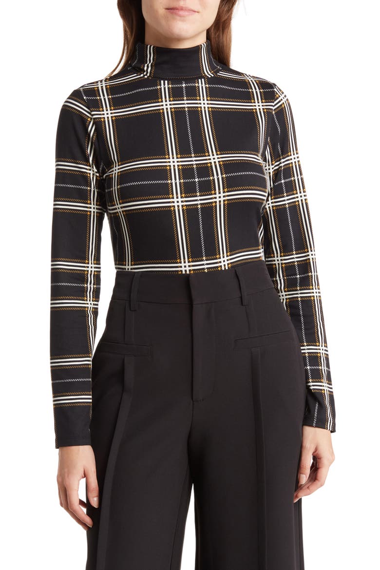 Turtleneck Long Sleeve Jersey Top, Main, color, BLACK PLAID