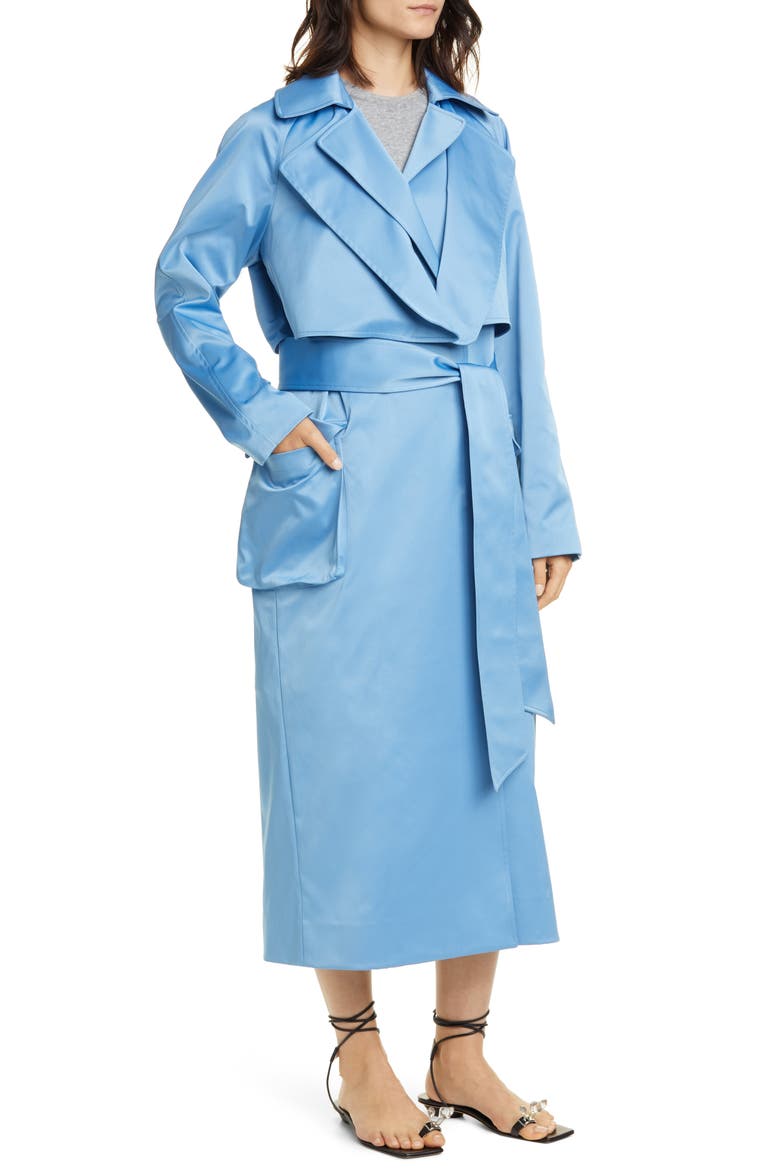 Duchesse Tech Satin Trench Coat, Alternate, color, SKY BLUE