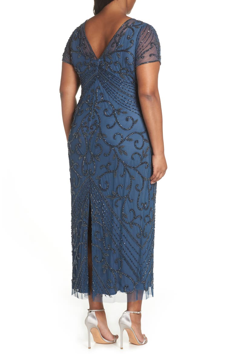 Beaded Mesh Column Gown, Alternate, color, COASTAL BLUE