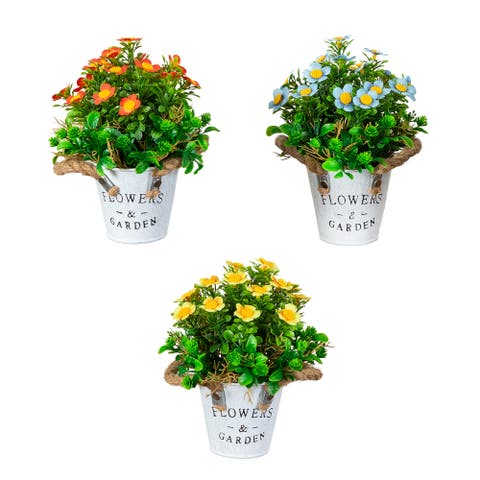 8-in Artificial Daisy Plant in Rustic Flowers & Garden Planter - Set of 3