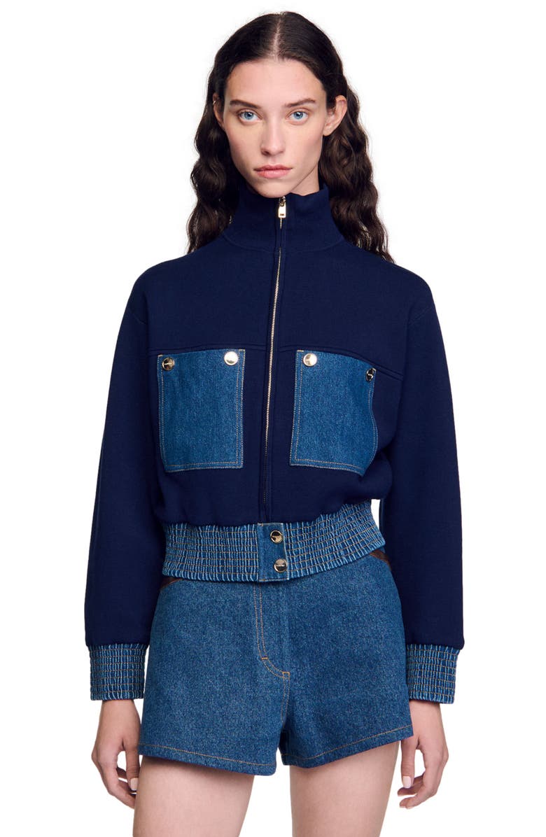 SANDRO Knit and denim coatigan, Main, color, 