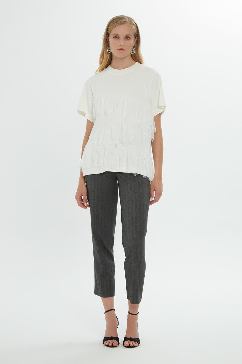 Lace Detail Short Sleeve Off-White Cotton Blouse, Main, color, Ecru