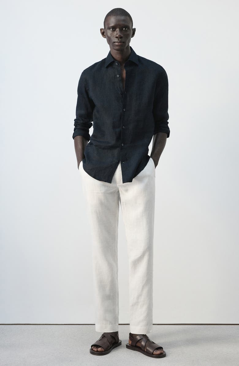 MANGO Slim Fit Linen Button-Up Shirt, Alternate, color, Navy