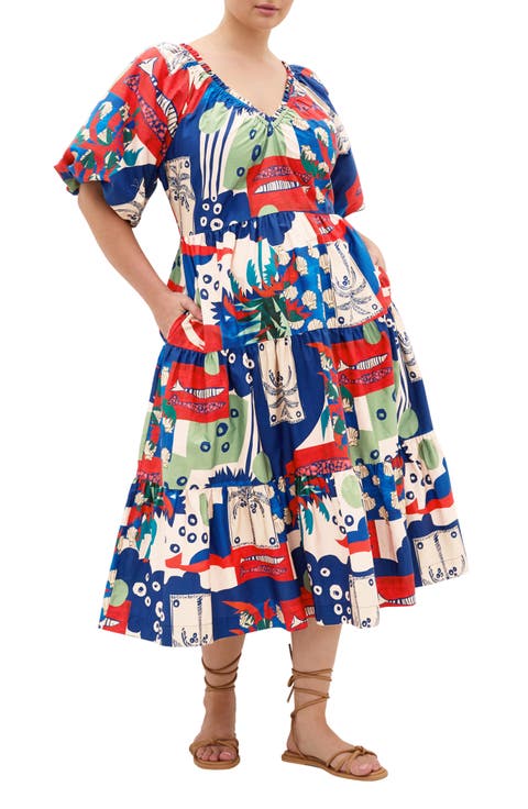 Fantasy Print Flared Midi Dress (Plus)