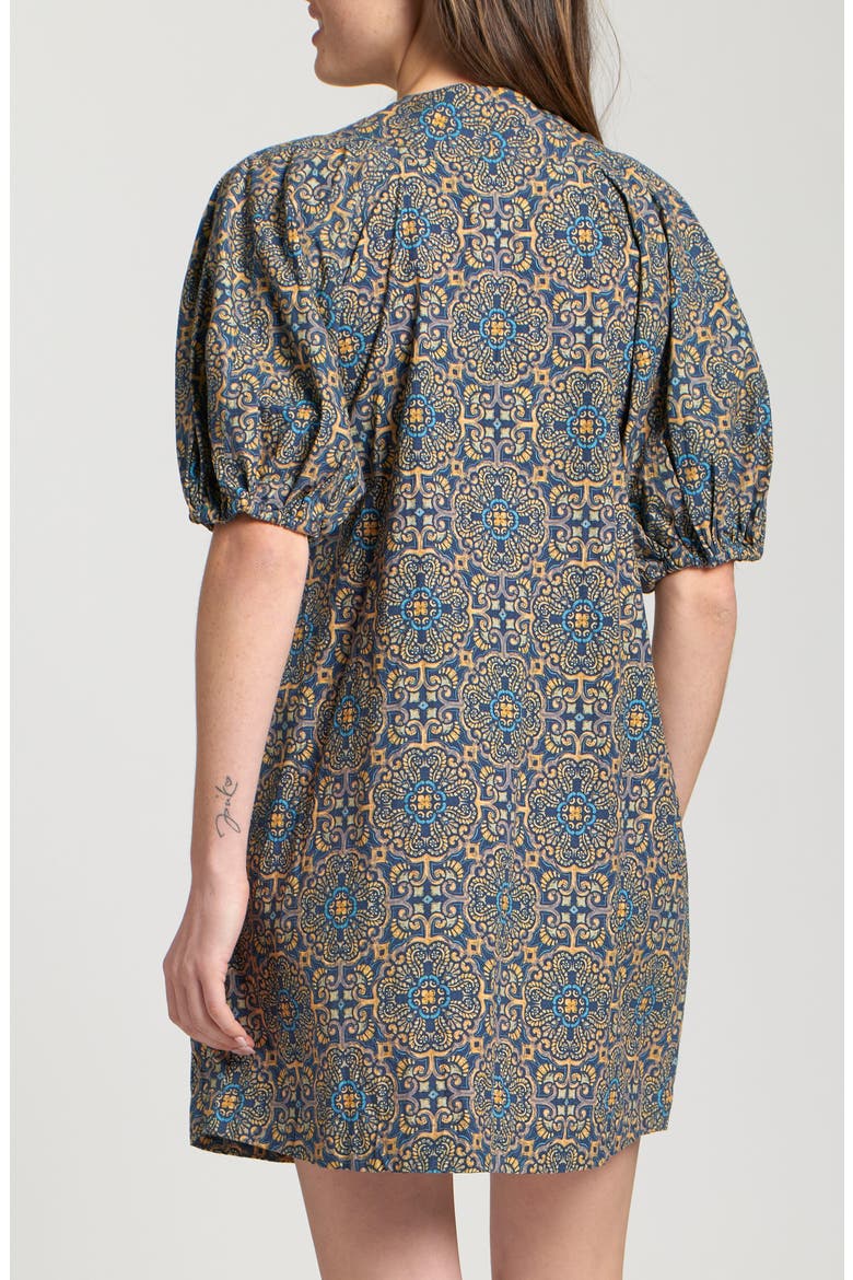 Mixed Tile Print Puff Sleeve Cotton Dress, Alternate, color, INDIGO MULTI