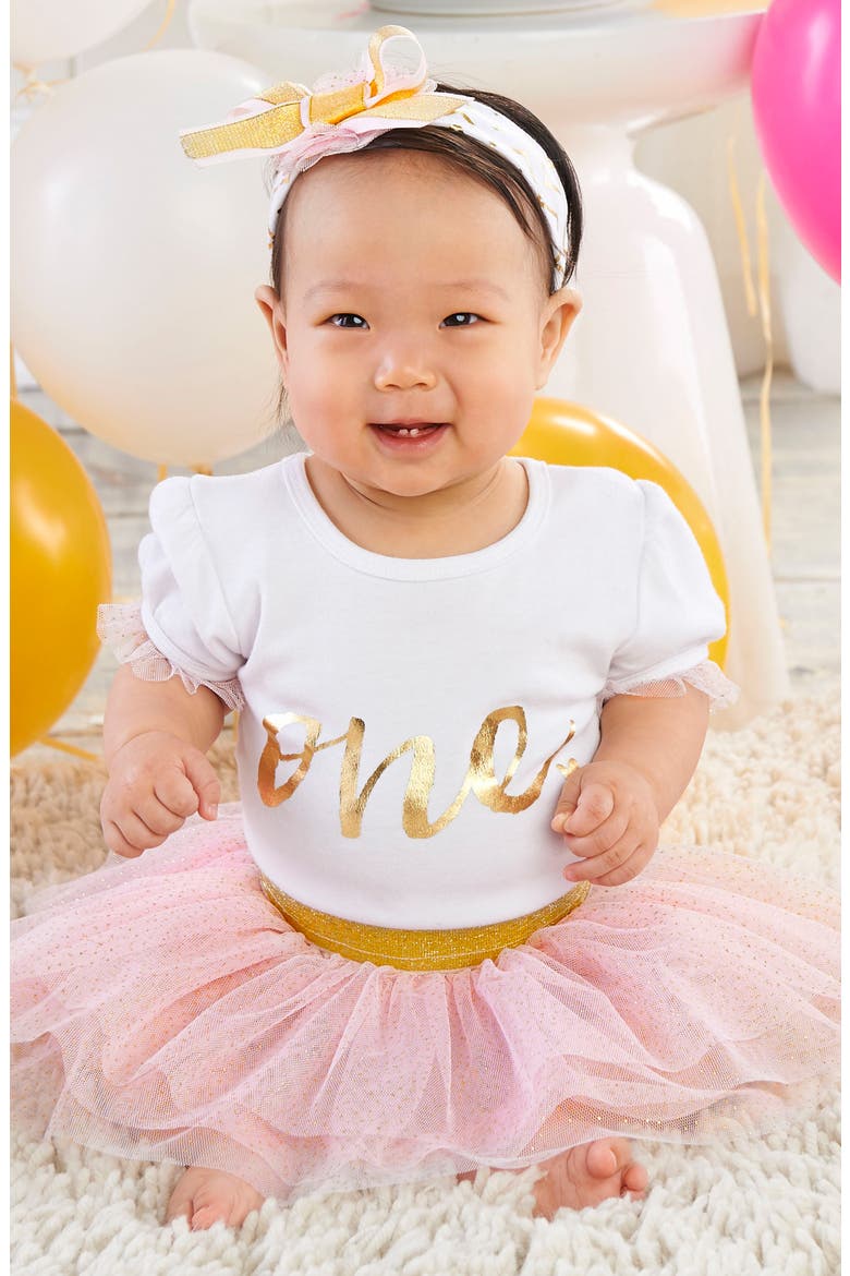 My First Birthday Bodysuit, Tutu and Head Wrap Set, Alternate, color, PINK