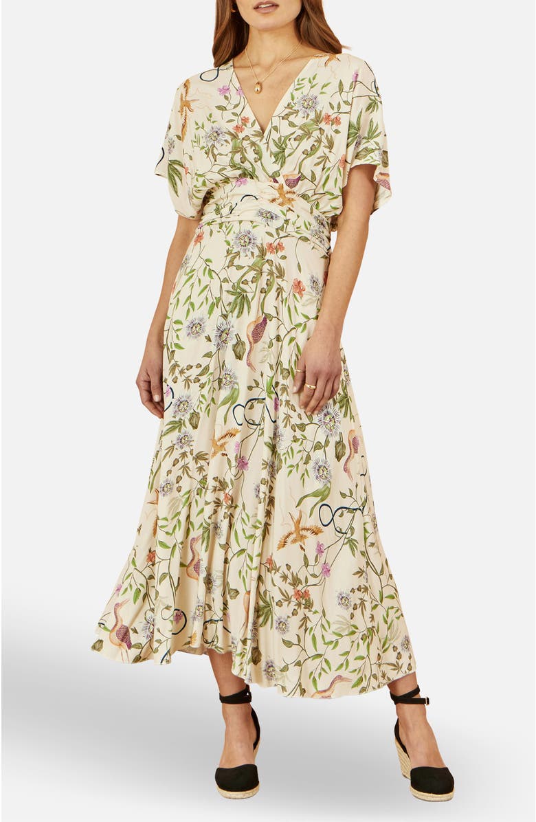 Yumi Floral Print Ruched Waist Midi Dress, Alternate, color, Beige