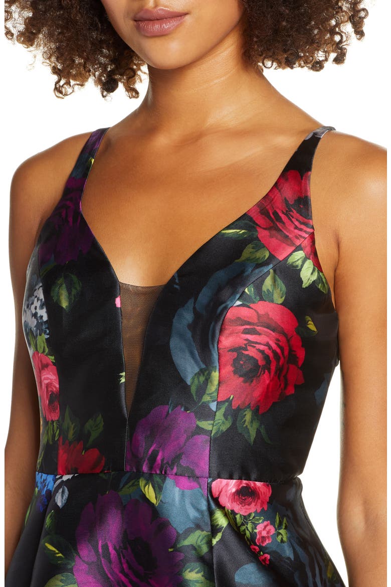 Floral Print High/Low Mikado Cocktail Dress, Alternate, color, BLACK/ MULTI