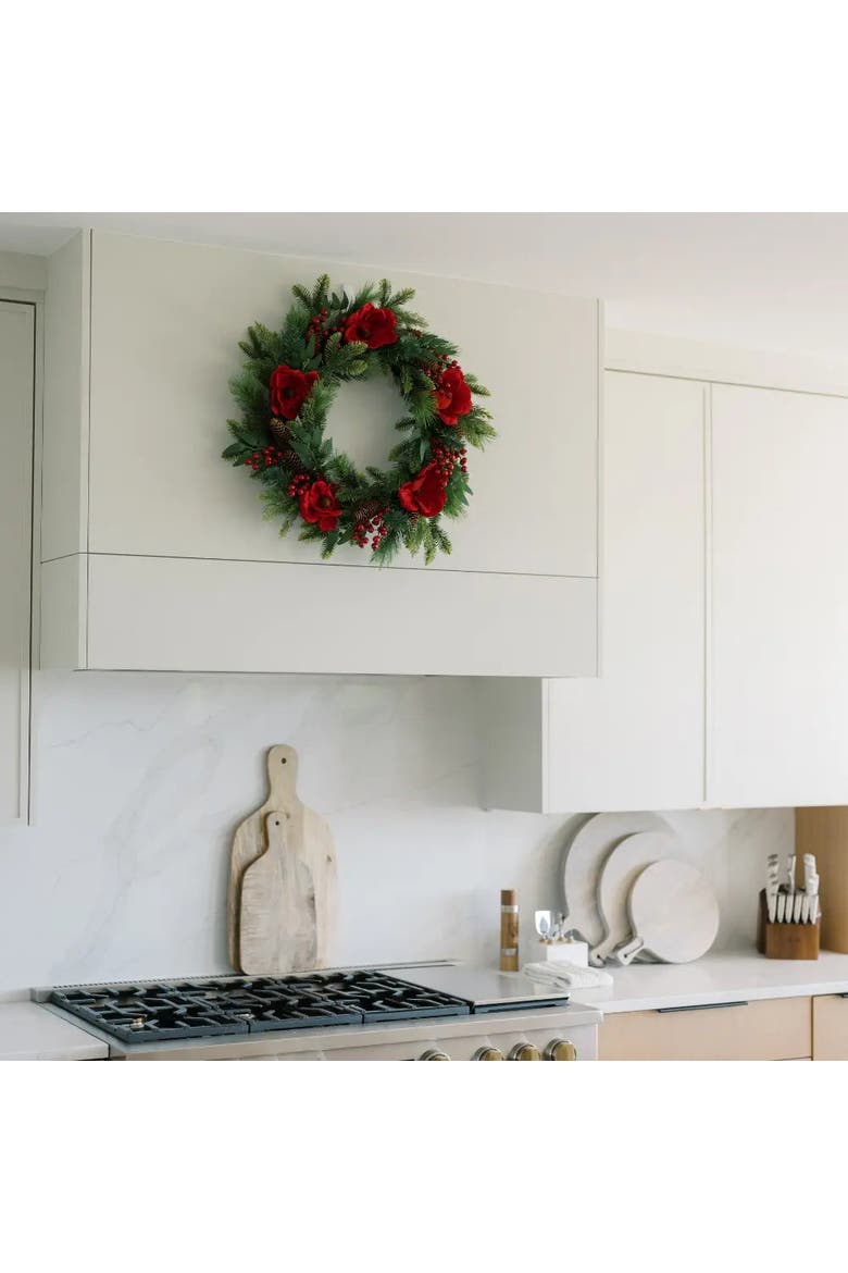 26" Pre-Lit Red Magnolia Pinecone & Berry Wreath, Alternate, color, Red magnolia, pinecone & berry