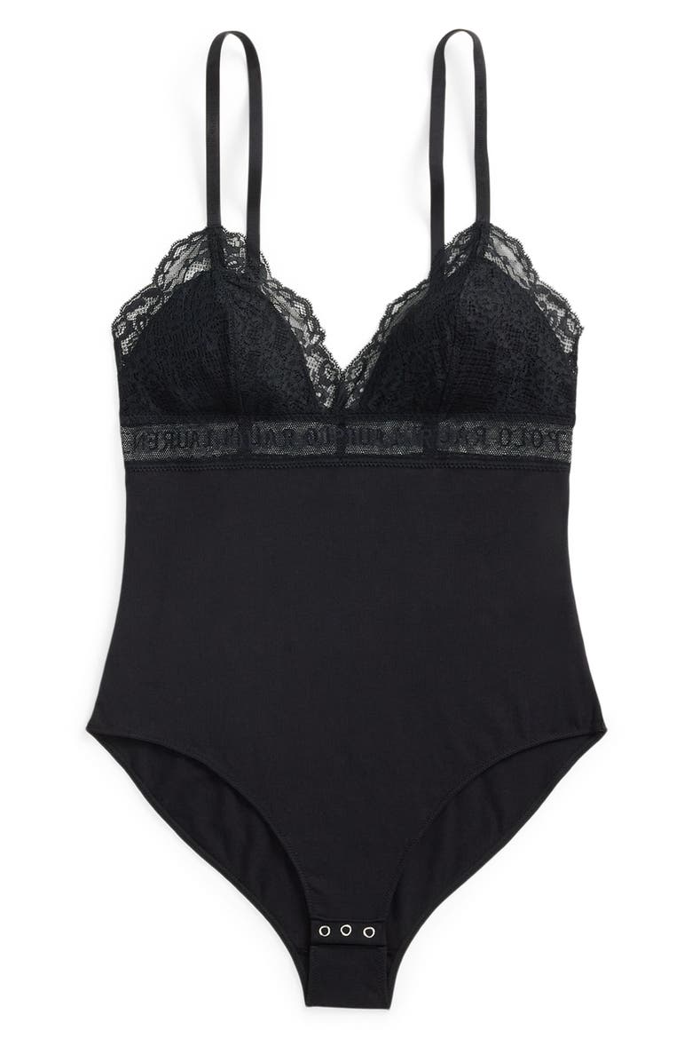 Lace & Stretch Cotton Rib Triangle Bodysuit, Alternate, color, ONYX