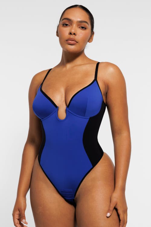 Shapellx Airslim Deep Plunge Thong Shaping Bodysuit In Midnight Blue