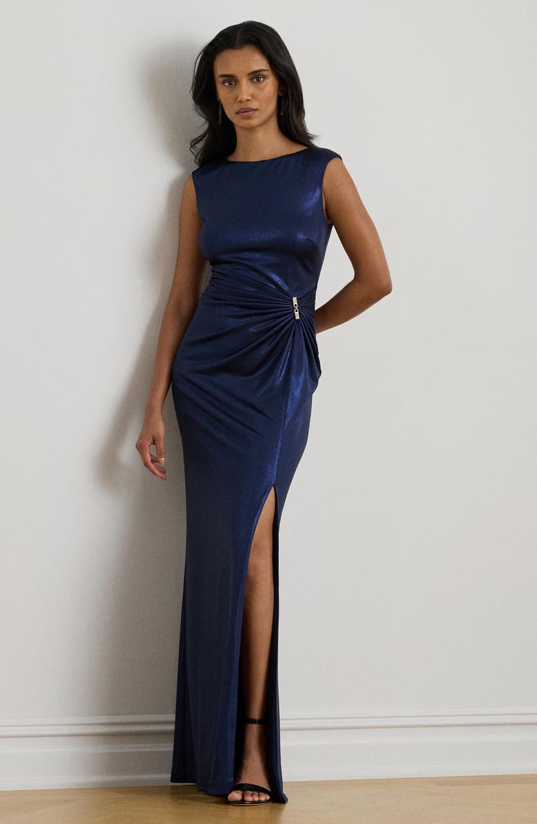 Lauren Ralph Lauren Metallic Sleeveless Gown, Alternate, color, Navy Blue/ Multi