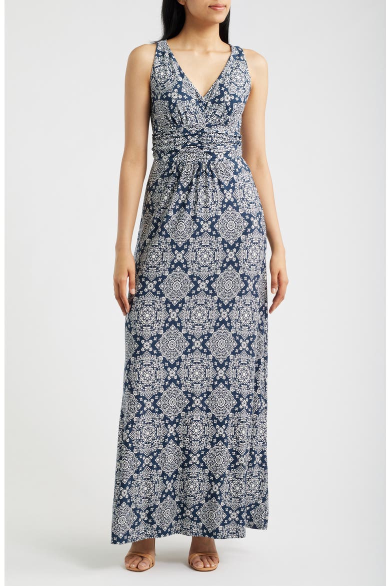 Ruched Empire Waist Maxi Dress, Main, color, NAVY/ IVORY